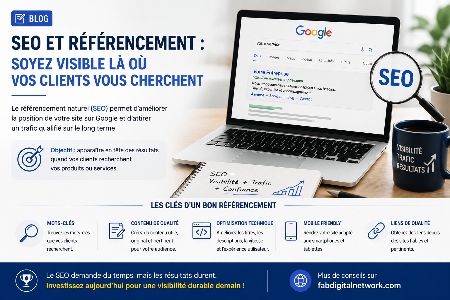 SEO et référencement : soyez visible là où vos clients vous cherchent Avoir un site web est important, mais être trouvé sur Google l’est encore davantage. C’est là que le SEO (Search Engine Optimization) intervient. Le SEO regroupe différentes techniques permettant d’améliorer la position d’un site dans les résultats des moteurs de recherche. Pourquoi investir dans le SEO ? Lorsqu’un internaute recherche un produit ou un service, il consulte généralement les premiers résultats proposés par Google. Être bien positionné peut donc apporter un trafic qualifié vers votre site. Pour améliorer votre référencement, vous pouvez notamment : rechercher les bons mots-clés ; créer du contenu utile et original ; optimiser les titres et descriptions des pages ; améliorer la vitesse du site ; rendre le site adapté aux smartphones ; obtenir des liens provenant de sites fiables. Le SEO demande de la patience Contrairement à la publicité en ligne, le référencement naturel produit généralement ses résultats progressivement. Cependant, une stratégie SEO bien construite peut générer du trafic sur le long terme. Conclusion : si vous voulez que vos clients vous trouvent naturellement sur Internet, le SEO doit faire partie de votre stratégie de marketing digital.